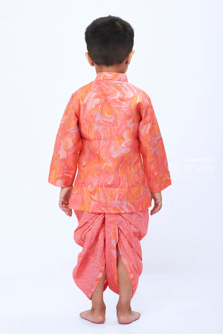 The Nesavu Boys Dothi Set Boys Coral Marble Print Pink Kurta with Striped Dhoti Set Nesavu Boys Coral Marble Kurta Striped Dhoti Set | Vibrant Festive Children s Clothing | The Nesavu