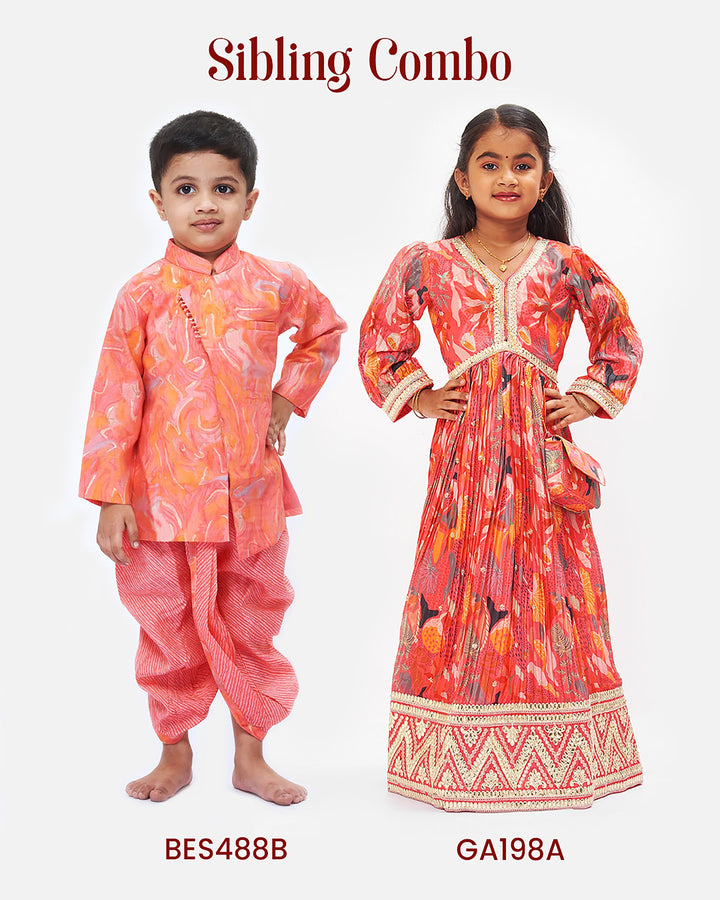 The Nesavu Boys Dothi Set Boys Coral Marble Print Pink Kurta with Striped Dhoti Set Nesavu Boys Coral Marble Kurta Striped Dhoti Set | Vibrant Festive Children s Clothing | The Nesavu