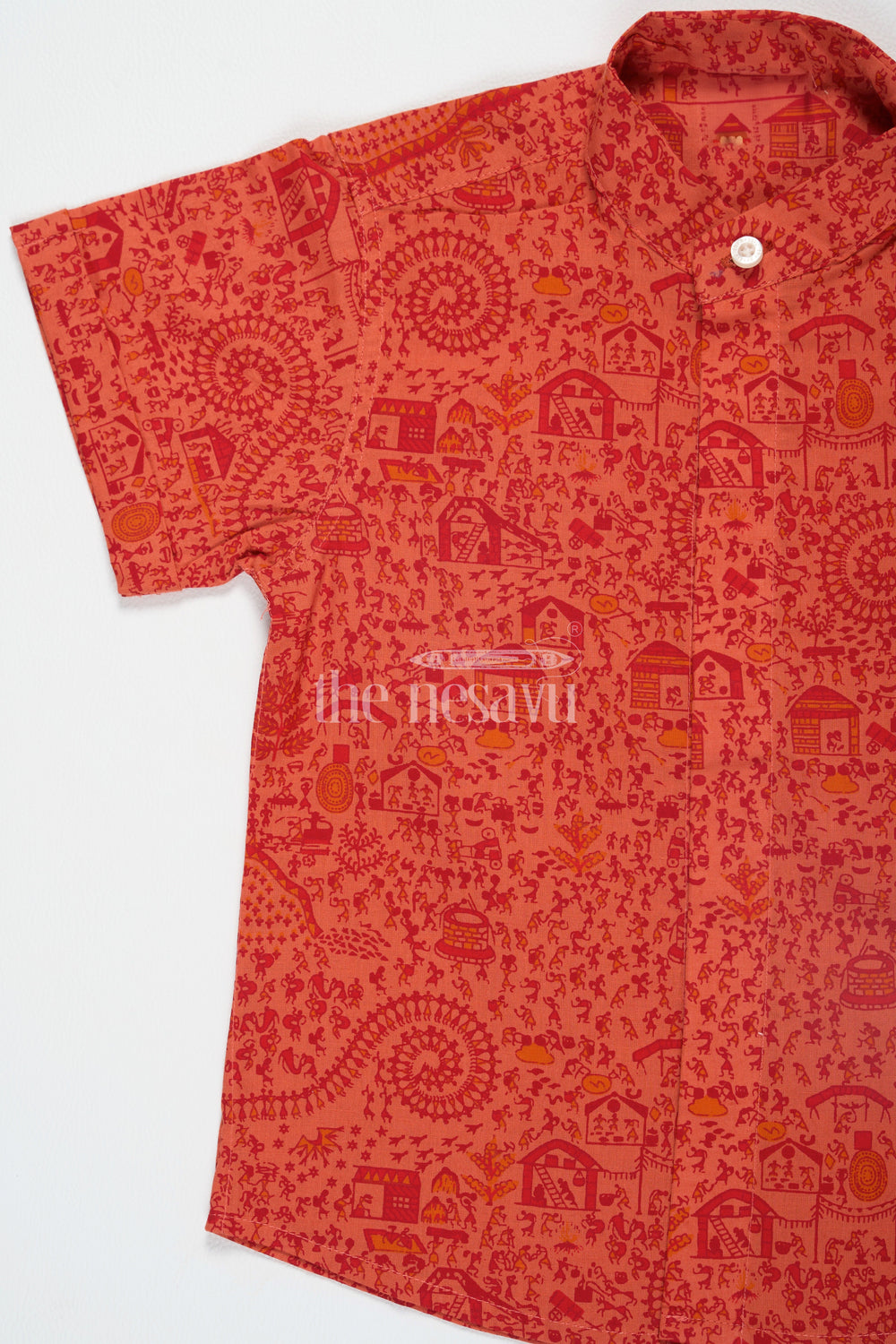 The Nesavu Boys Cotton Shirt Boys Cotton Shirt in Red Warli Print with Half Sleeves Night Dresses Trouser Shirt Nesavu Boys Red Warli Cotton Shirt Half Sleeves Nesavu Trendy Night Dresses Trouser Shirt