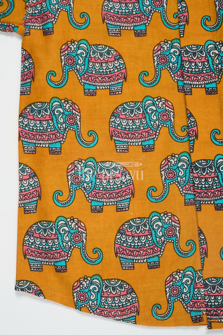 The Nesavu Boys Cotton Shirt Boys Cotton Shirt Mustard Elephant Print Boys Dress For Pongal Nesavu Nesavu Boys Mustard Cotton Shirt Elephant Print Boys Dress Diwali