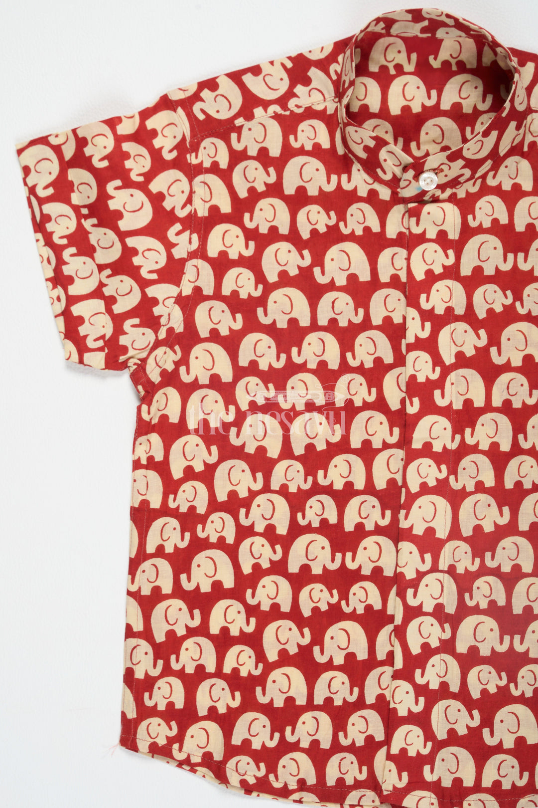 The Nesavu Boys Cotton Shirt Boys Cotton Shirt Red Elephant Print For Pongal Outfits Nesavu Nesavu Boys Red Cotton Shirt Beige Elephant Print Diwali Outfits