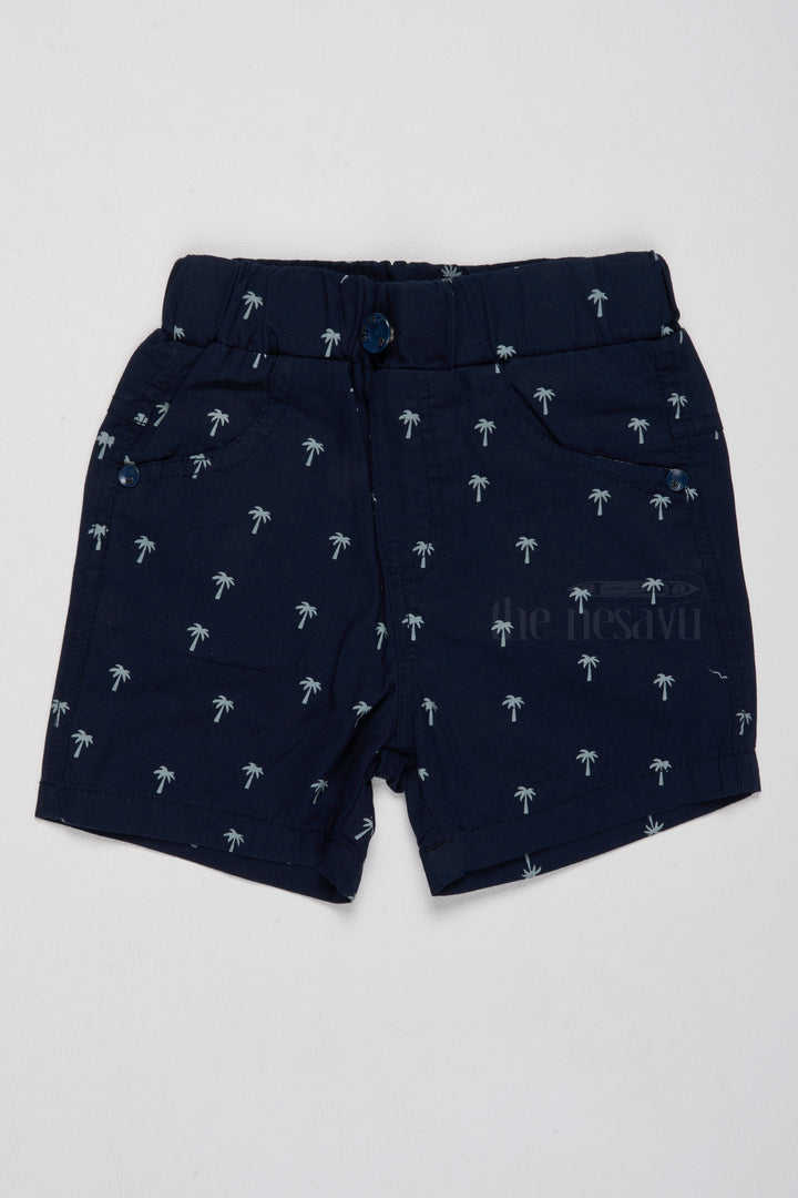 The Nesavu Boys Shorts Boys Cotton Shorts with Playful Palm Tree Print and Elastic Waistband Nesavu 14 (6M) / Blue BWS012C-14 Boys Navy Blue Cotton Shorts Playful Palm Tree Print Adjustable Waist