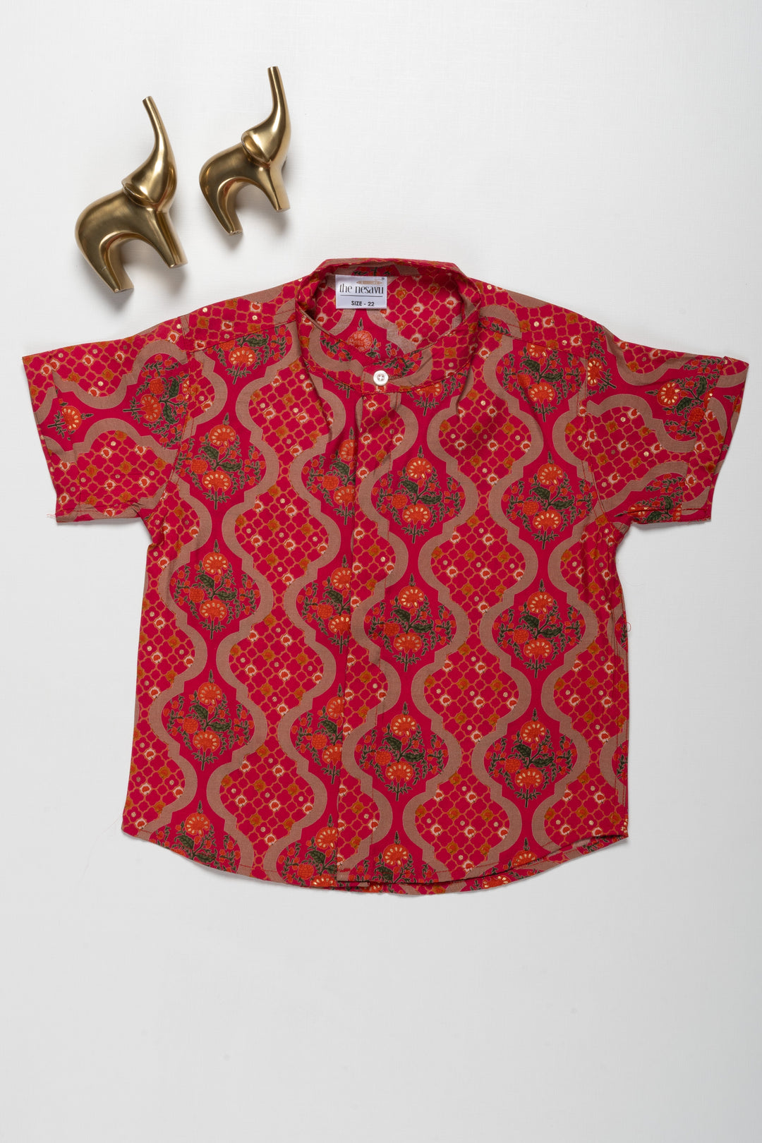 The Nesavu Boys Cotton Shirt Boys Designer Chanderi Shirt with Bold Geometric Floral Print Nesavu 16 (1Y) / Red / Chanderi BS157A-16 Vibrant Boys Chanderi Shirt | Geometric Floral Designer Wear | The Nesavu