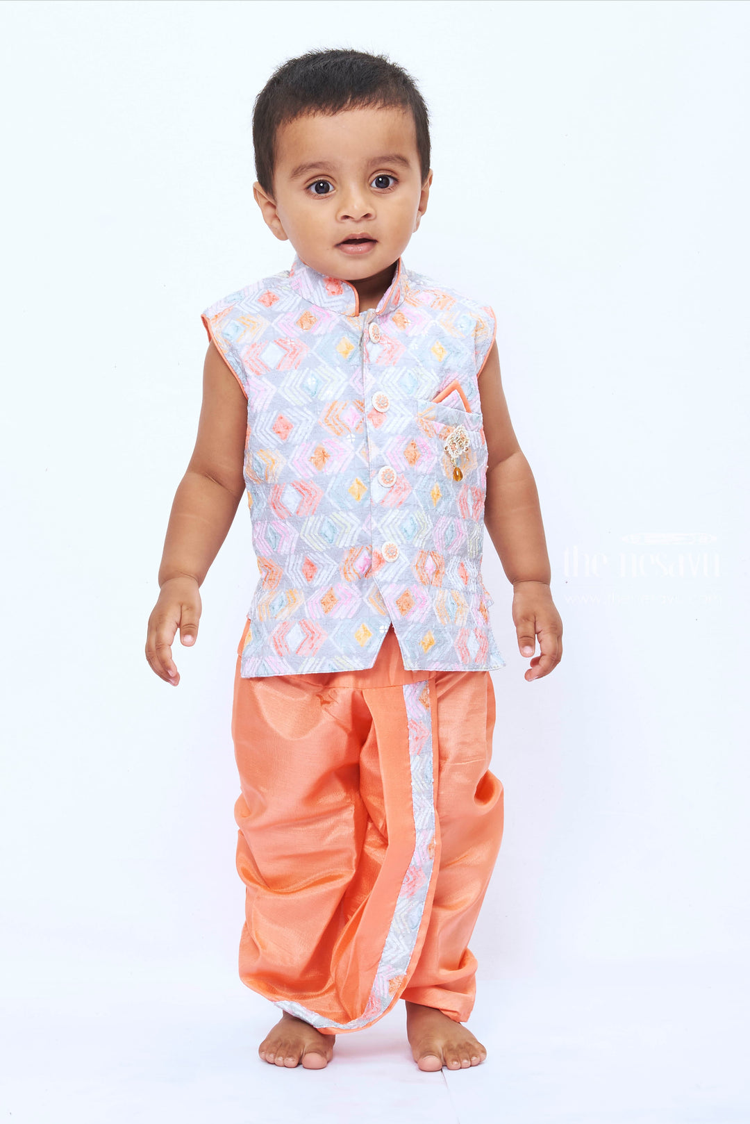 The Nesavu Boys Dothi Set Boys Designer Dhoti Kurta for Weddings - Traditional Elegance in Peach Nesavu 12 (3M) / Gray / Silk Blend BES490A-12 Traditional Dhoti Kurta for Boys - Sophisticated Wedding Attire | The Nesavu