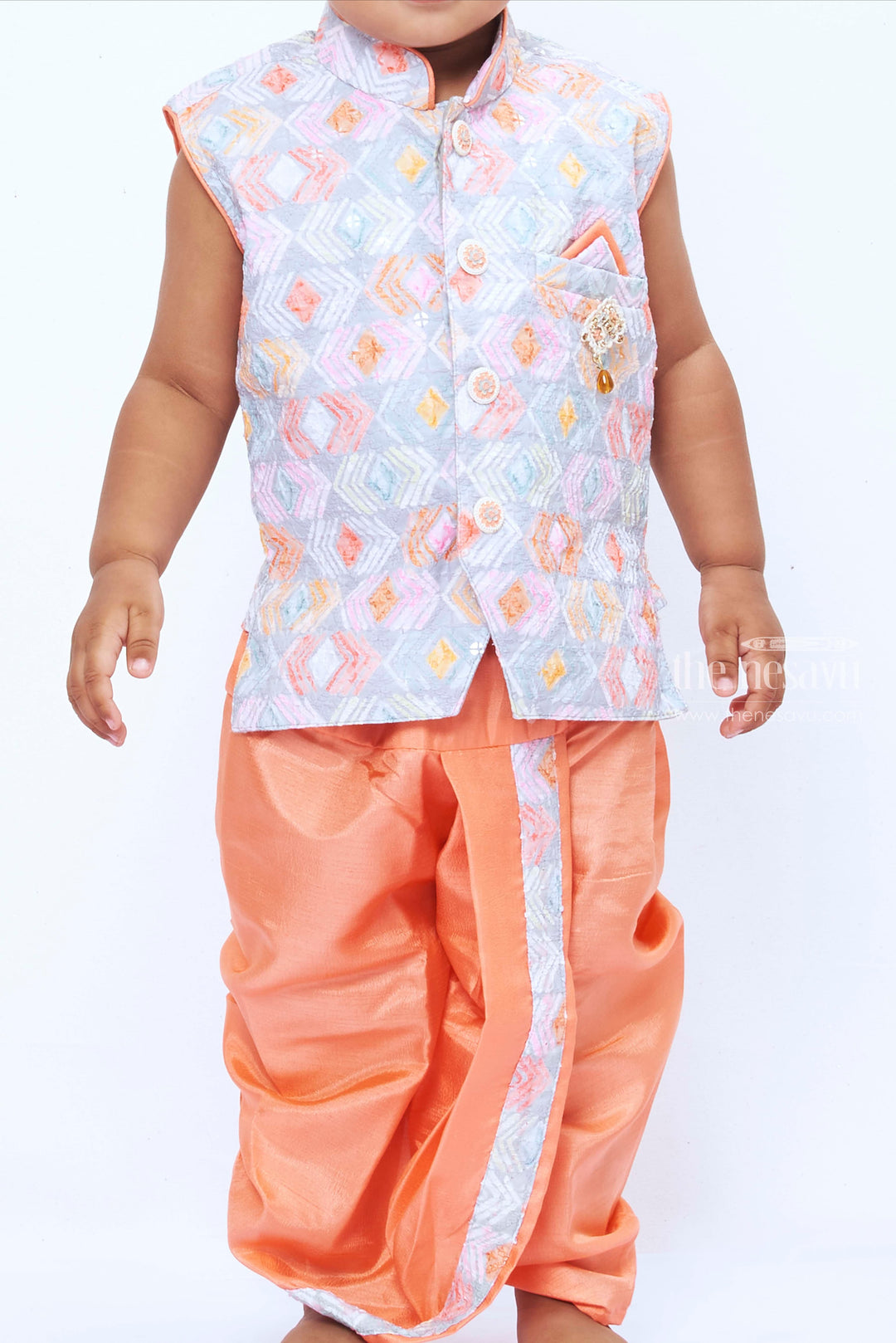 The Nesavu Boys Dothi Set Boys Designer Dhoti Kurta for Weddings - Traditional Elegance in Peach Nesavu Traditional Dhoti Kurta for Boys - Sophisticated Wedding Attire | The Nesavu