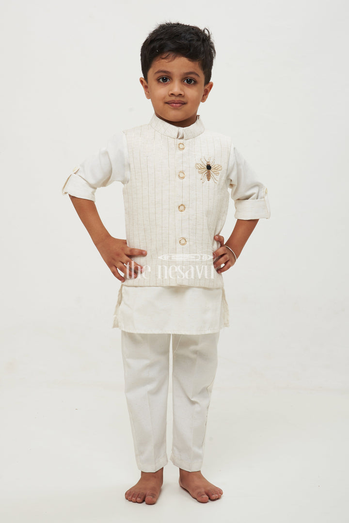 The Nesavu Boys Jacket Sets Boys' Designer Kurta Jacket & Pant Set - Silk Blend with Embroidery Nesavu 16 (1Y) / Cream BES562A-16 Boys' Designer Kurta Jacket & Pant Set - Silk Blend with Bee Embroidery