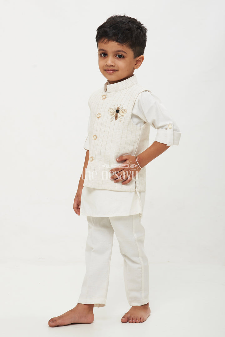 The Nesavu Boys Jacket Sets Boys' Designer Kurta Jacket & Pant Set - Silk Blend with Embroidery Nesavu Boys' Designer Kurta Jacket & Pant Set - Silk Blend with Bee Embroidery