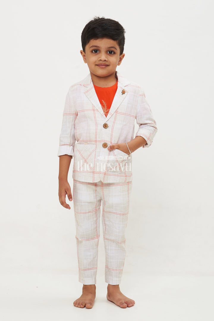 The Nesavu Boys Casual Set Boys' Designer Linen Cotton Blazer Pant & T-Shirt Set - Full Sleeve Nesavu 16 (1Y) / White BCS066A-16