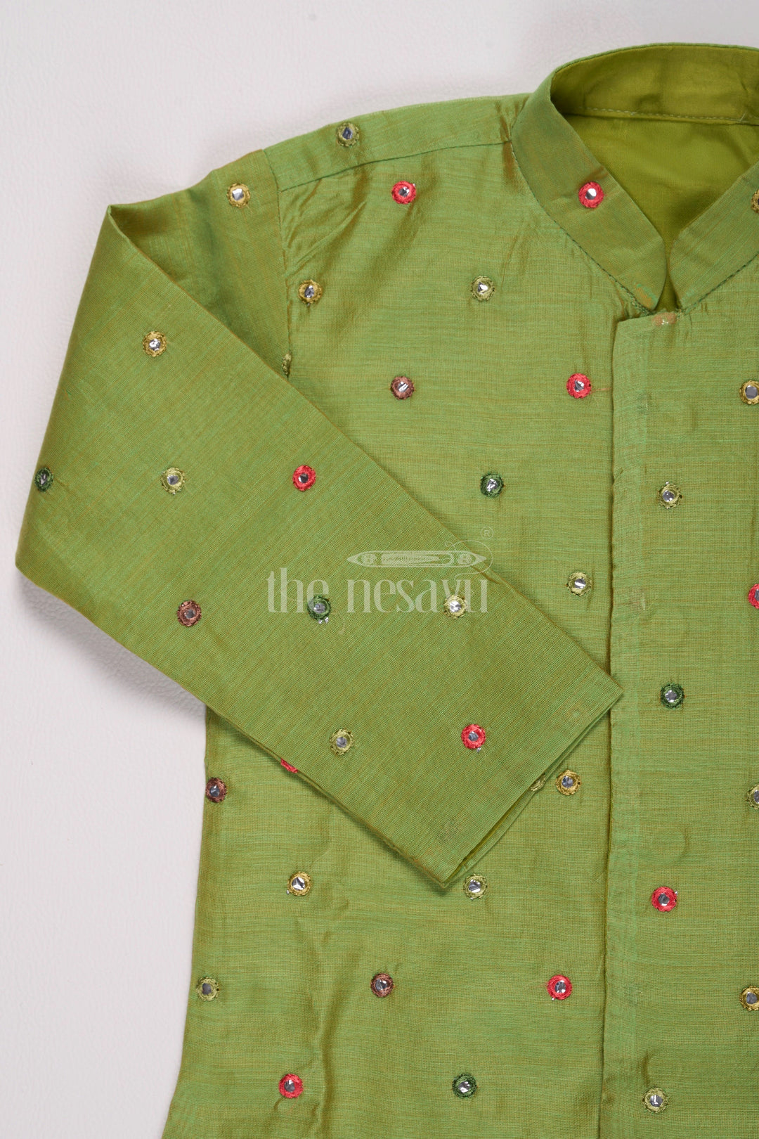 The Nesavu Boys Dothi Set Boys Dhoti Dress in Green Chanderi Fabric with Intricate Embroidery Nesavu Nesavu Boys Green Chanderi Dhoti Dress Festive Embroidery Detailing