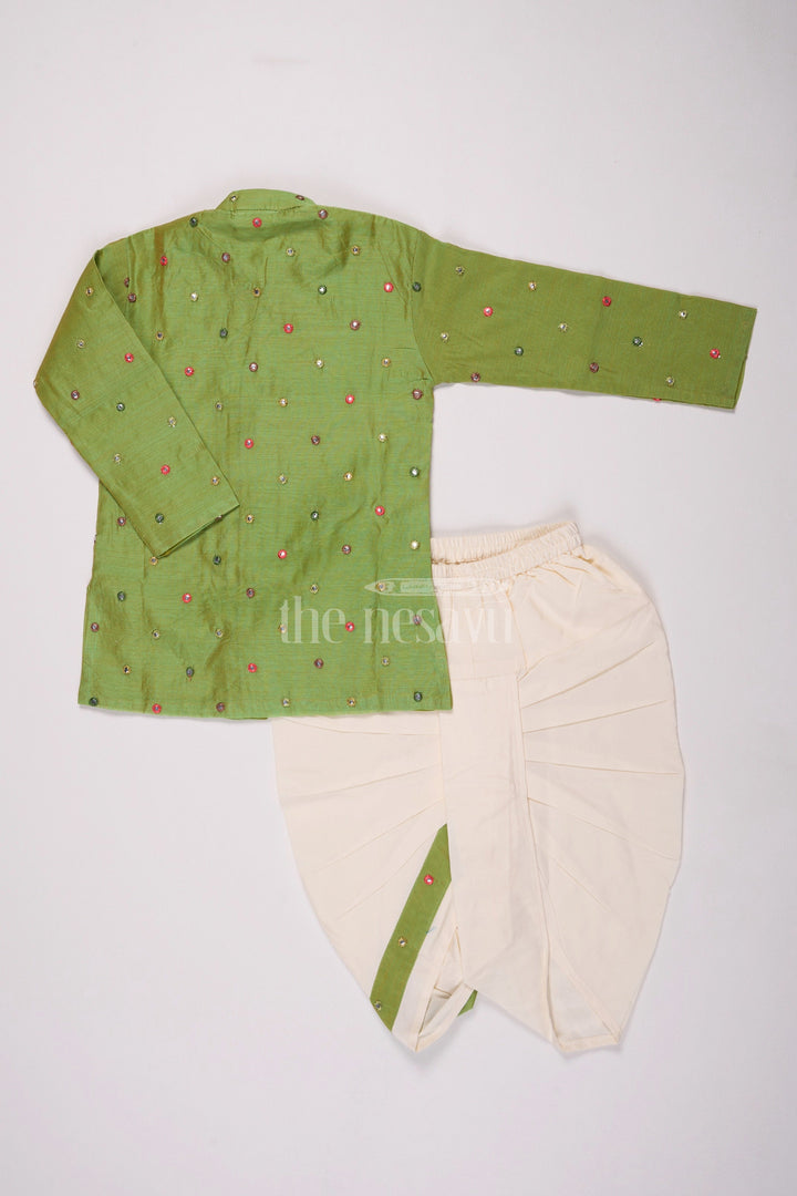 The Nesavu Boys Dothi Set Boys Dhoti Dress in Green Chanderi Fabric with Intricate Embroidery Nesavu Nesavu Boys Green Chanderi Dhoti Dress Festive Embroidery Detailing