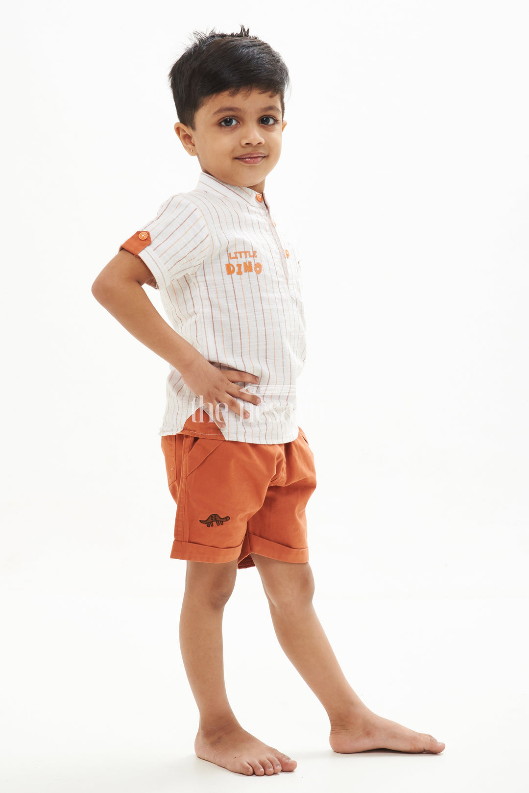 The Nesavu Boys Casual Set Boys' Dino Striped Shirt & Shorts Set - Orange/White Nesavu Boys' Dino Striped Shirt & Shorts Set - Orange/White - Sizes 1Y-5Y