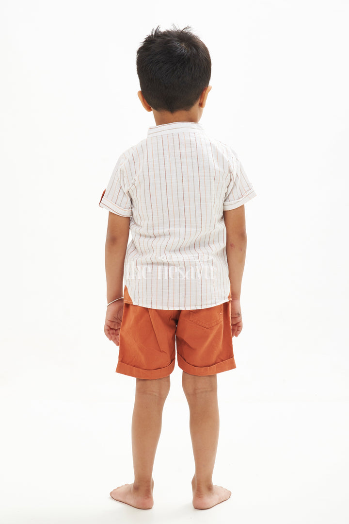 The Nesavu Boys Casual Set Boys' Dino Striped Shirt & Shorts Set - Orange/White Nesavu Boys' Dino Striped Shirt & Shorts Set - Orange/White - Sizes 1Y-5Y