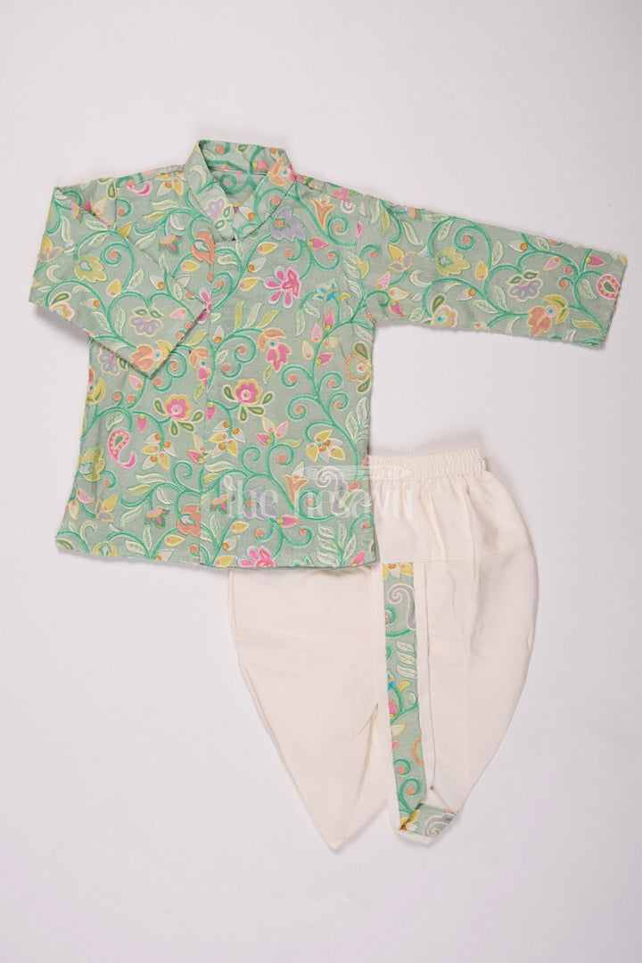 The Nesavu Boys Dothi Set Boys Dothi Set in Green Blend Silk with Floral Embroidered Shirt and Cream Dothi for Traditional Events Nesavu 10 (NB) / Green BES591A-10 Nesavu Boys Green Blend Silk Dothi Set Floral Embroidered Shirt Traditional Events Ceremonies