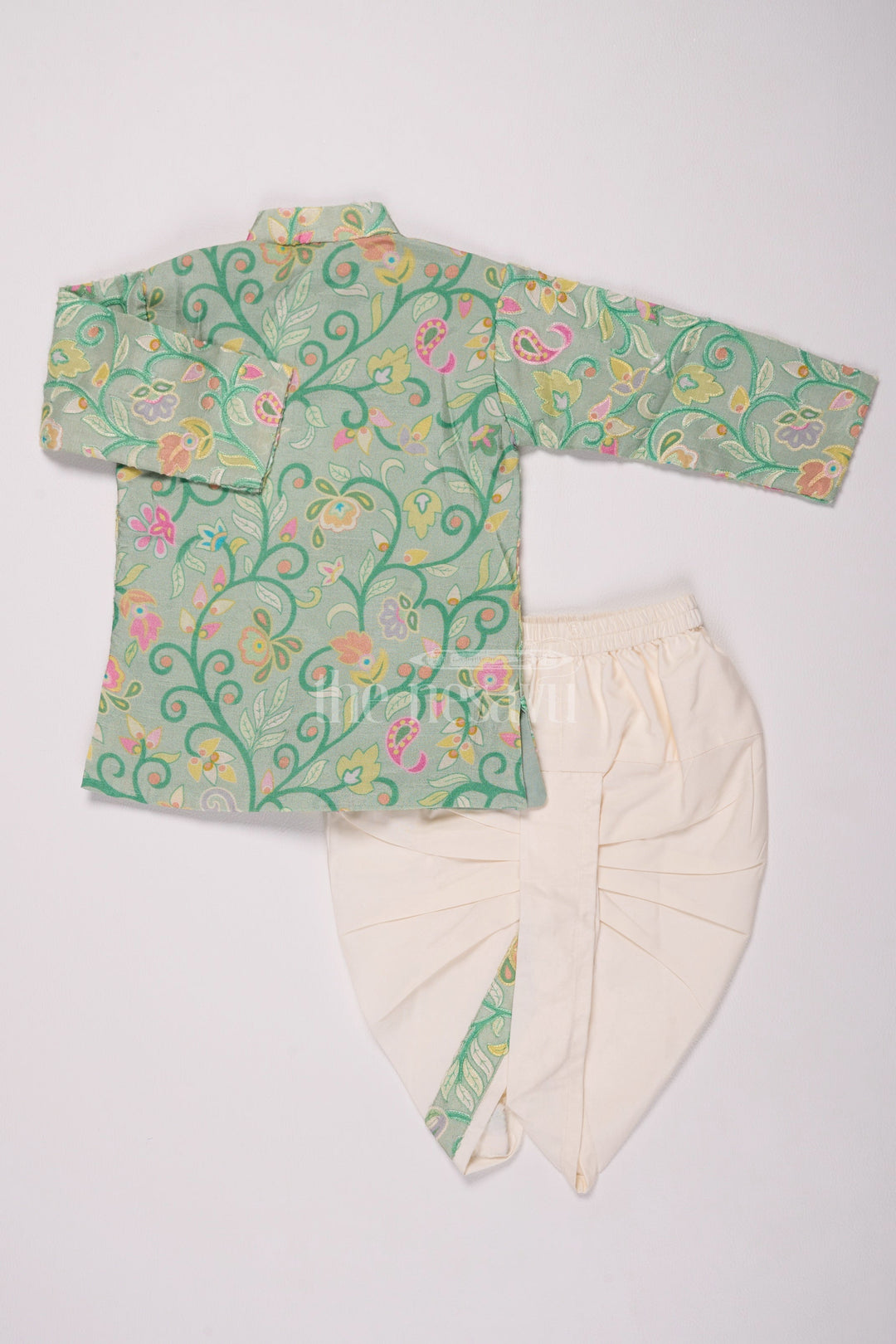 The Nesavu Boys Dothi Set Boys Dothi Set in Green Blend Silk with Floral Embroidered Shirt and Cream Dothi for Traditional Events Nesavu Nesavu Boys Green Blend Silk Dothi Set Floral Embroidered Shirt Traditional Events Ceremonies