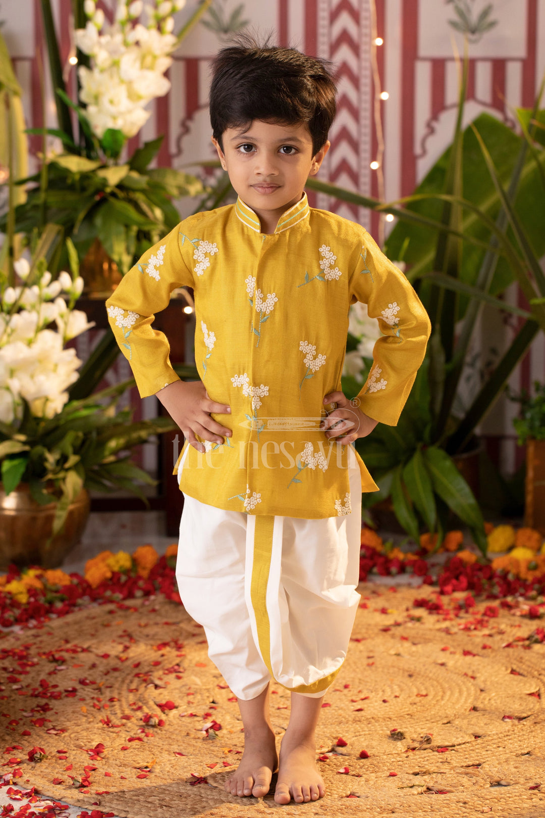 The Nesavu Boys Dothi Set Boys Dothi Set in Mustard Tissue with Floral Kurta and Cream Dothi for Festive Gatherings Nesavu Nesavu Boys Mustard Tissue Dothi Set Embroidered Floral Kurta Weddings Festivals