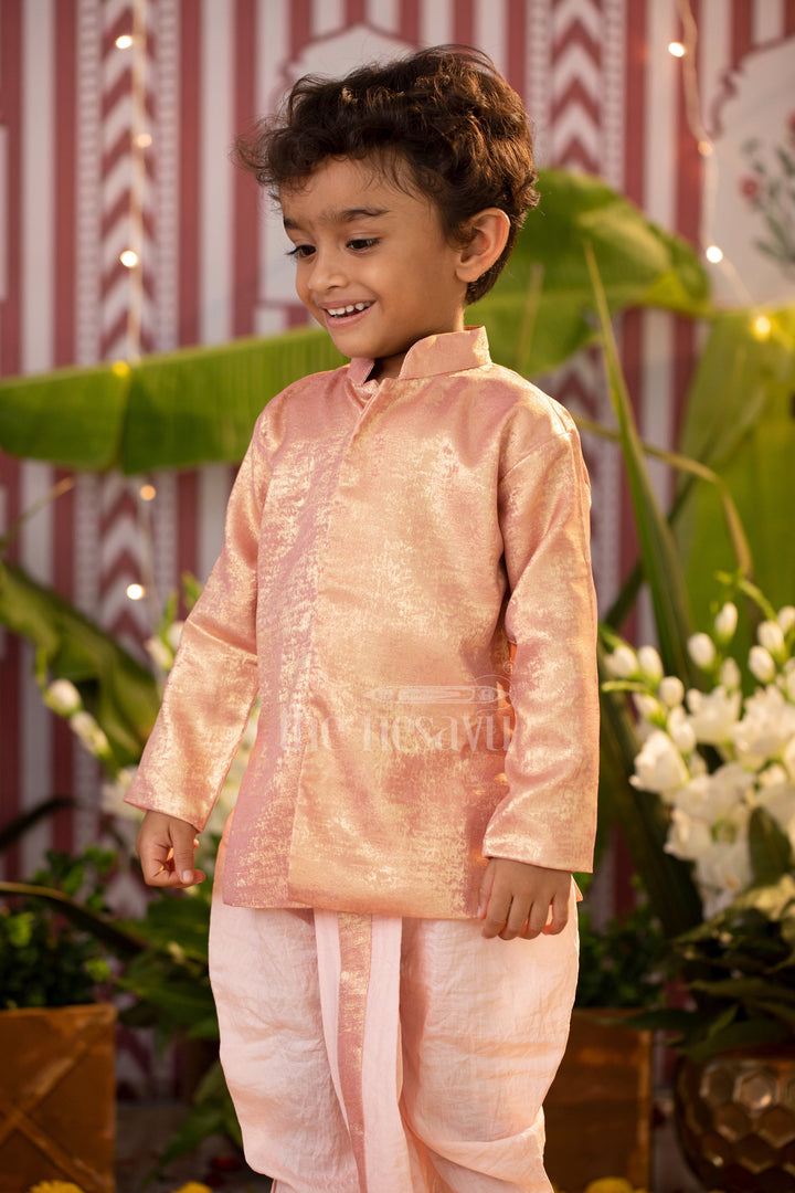 The Nesavu Boys Dothi Set Boys Dothi Set with Metallic Copper Kurta and Peach Dothi for Traditional and Festive Events Nesavu 10 (NB) / Orange BES594B-10 Nesavu Boys Metallic Copper Kurta Peach Dothi Set Weddings Cultural Celebrations