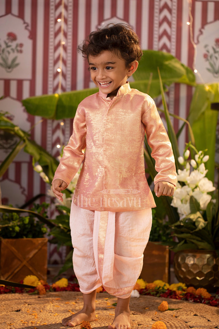 The Nesavu Boys Dothi Set Boys Dothi Set with Metallic Copper Kurta and Peach Dothi for Traditional and Festive Events Nesavu Nesavu Boys Metallic Copper Kurta Peach Dothi Set Weddings Cultural Celebrations