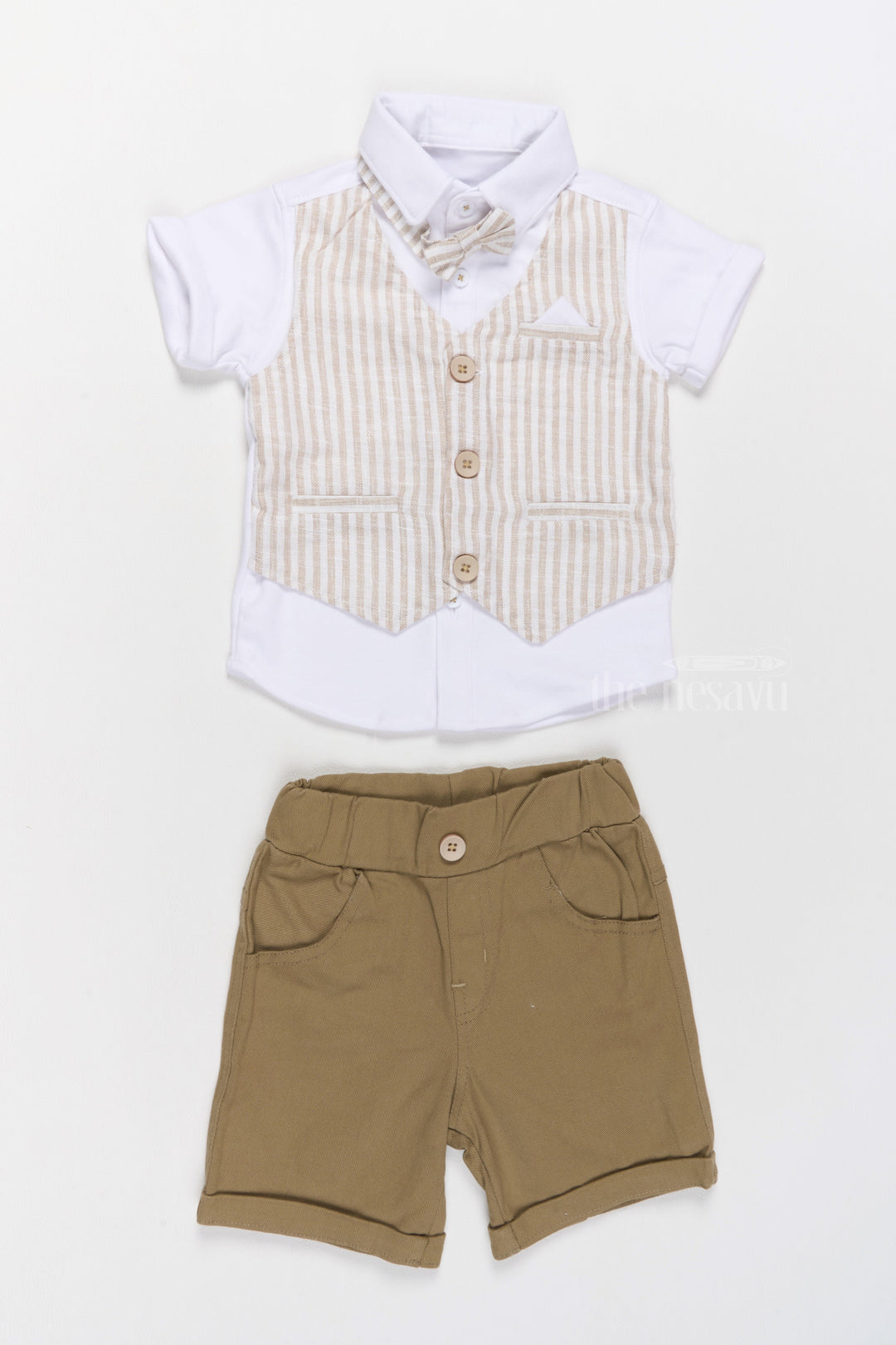 The Nesavu Baby Casual Sets Boys Dress Shirt and Shorts Set with Striped Waistcoat and Bow Tie Nesavu Boys Dress Shirt Shorts Set Waistcoat Bow Tie Stylish Festive Occasions