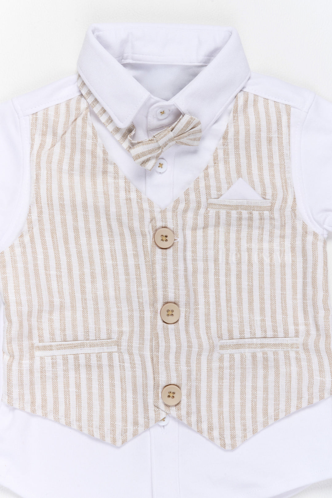 The Nesavu Baby Casual Sets Boys Dress Shirt and Shorts Set with Striped Waistcoat and Bow Tie Nesavu Boys Dress Shirt Shorts Set Waistcoat Bow Tie Stylish Festive Occasions