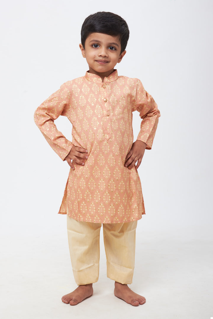 The Nesavu Boys Kurtha Set Boys' Dusty Rose Kurta with Royal-Inspired Motifs & Ivory Pant Set Nesavu 12 (3M) / Pink / Silk Blend BES421A-12 Dashing Looks for Little Men | Boys Designer Kurta with Pant | The Nesavu