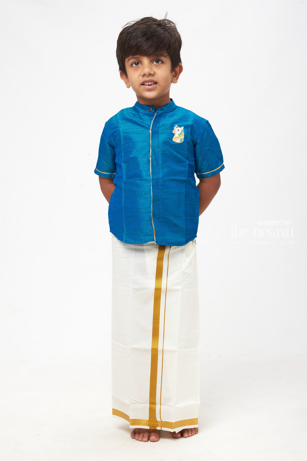 The Nesavu Boys Silk Shirt Boys Elegant Blue Silk Shirt with Authentic Horse Patch Design - Traditional Event Attire Nesavu 16 (1Y) / Blue / Blend Silk BS111A-16 Kids Traditional Blue Silk Wear | Boys Festival-Ready Silk Shirt | Authentic Horse Patch Design | The Nesavu