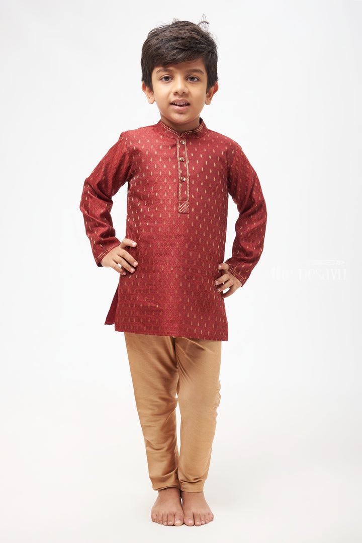 The Nesavu Boys Kurtha Set Boys Elegant Butta Printed Maroon Kurta with Beige Pant Set Nesavu 14 (6M) / Maroon / Silk Blend BES405A-14 Boys Butta Printed Maroon Kurta Set: Mandarin Collared with Beige Pants - Traditional Festive Elegance | The Nesavu