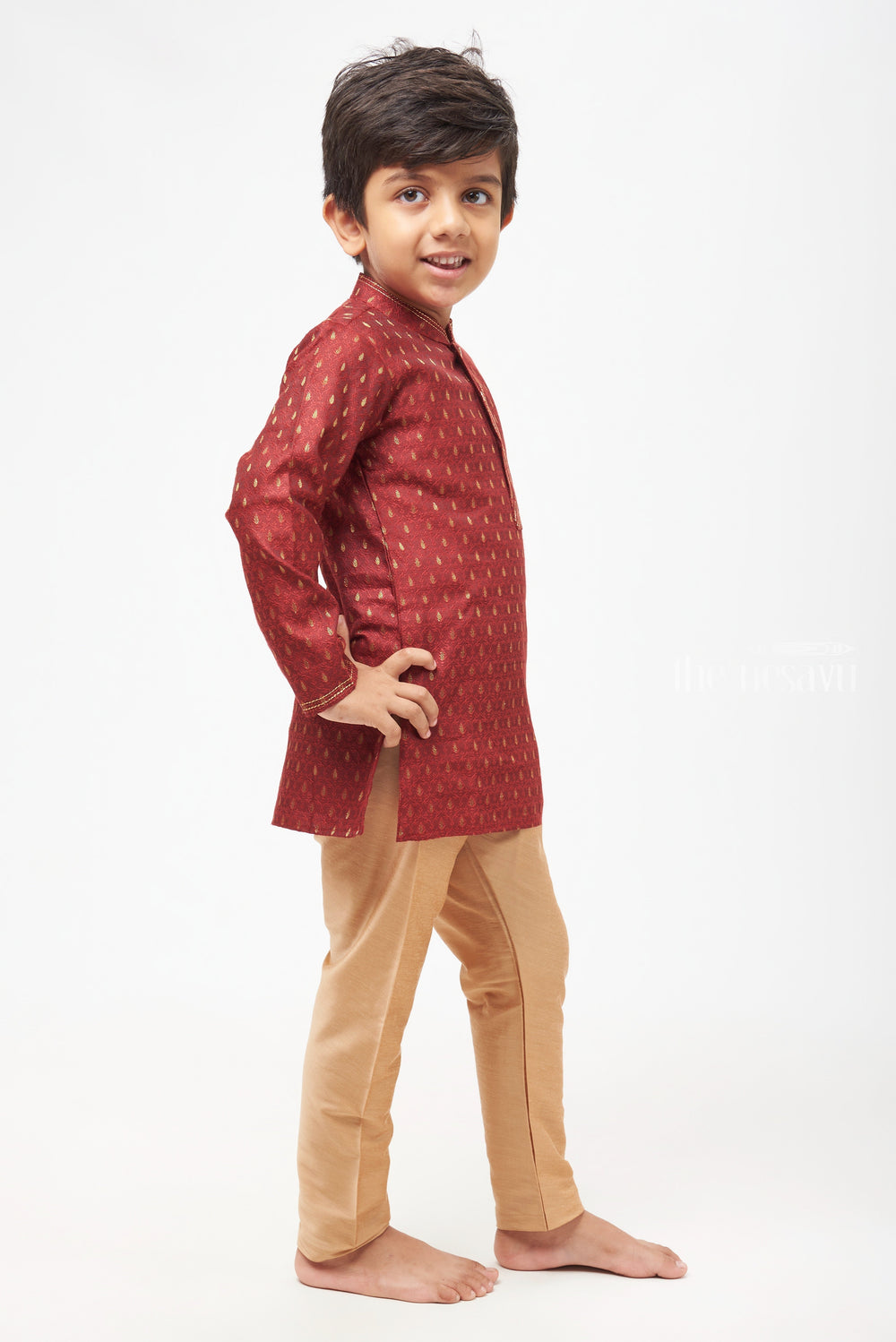 The Nesavu Boys Kurtha Set Boys Elegant Butta Printed Maroon Kurta with Beige Pant Set Nesavu 14 (6M) / Maroon / Silk Blend BES405A-14 Boys Butta Printed Maroon Kurta Set: Mandarin Collared with Beige Pants - Traditional Festive Elegance | The Nesavu