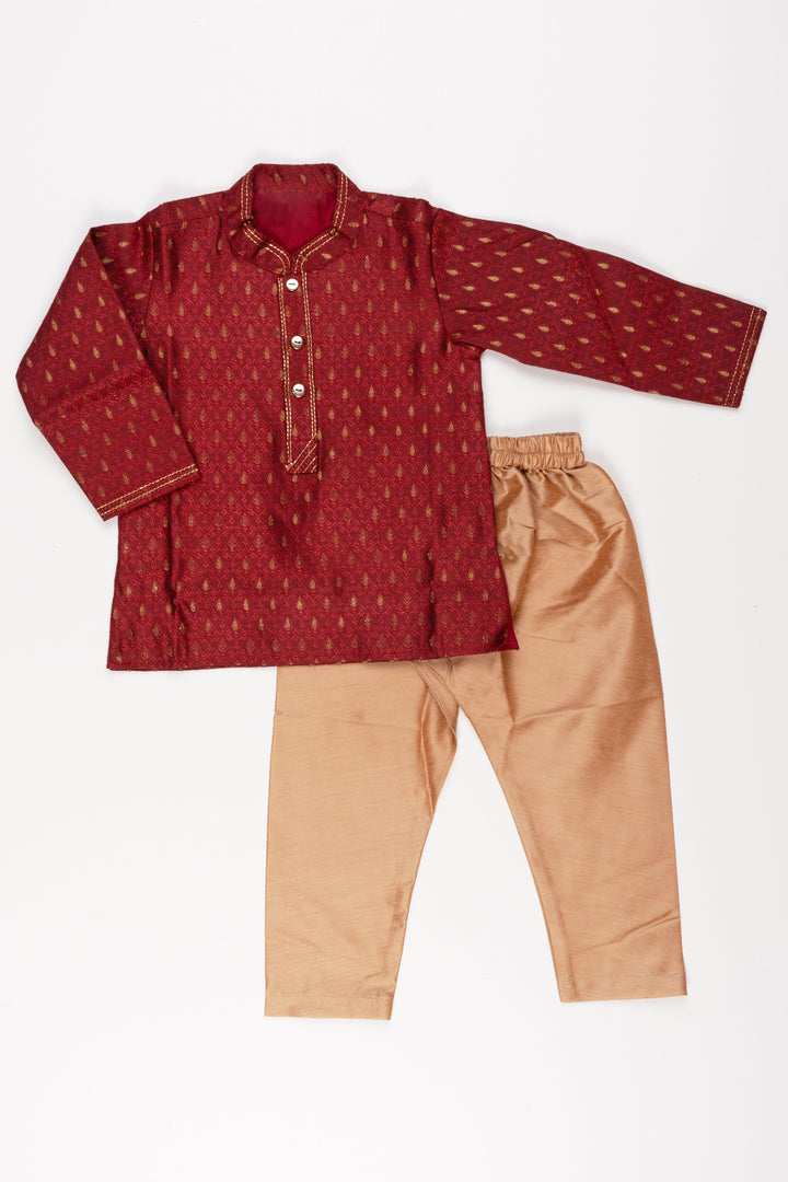 The Nesavu Boys Kurtha Set Boys Elegant Butta Printed Maroon Kurta with Beige Pant Set Nesavu 14 (6M) / Maroon / Silk Blend BES405A-14 Boys Butta Printed Maroon Kurta Set: Mandarin Collared with Beige Pants - Traditional Festive Elegance | The Nesavu