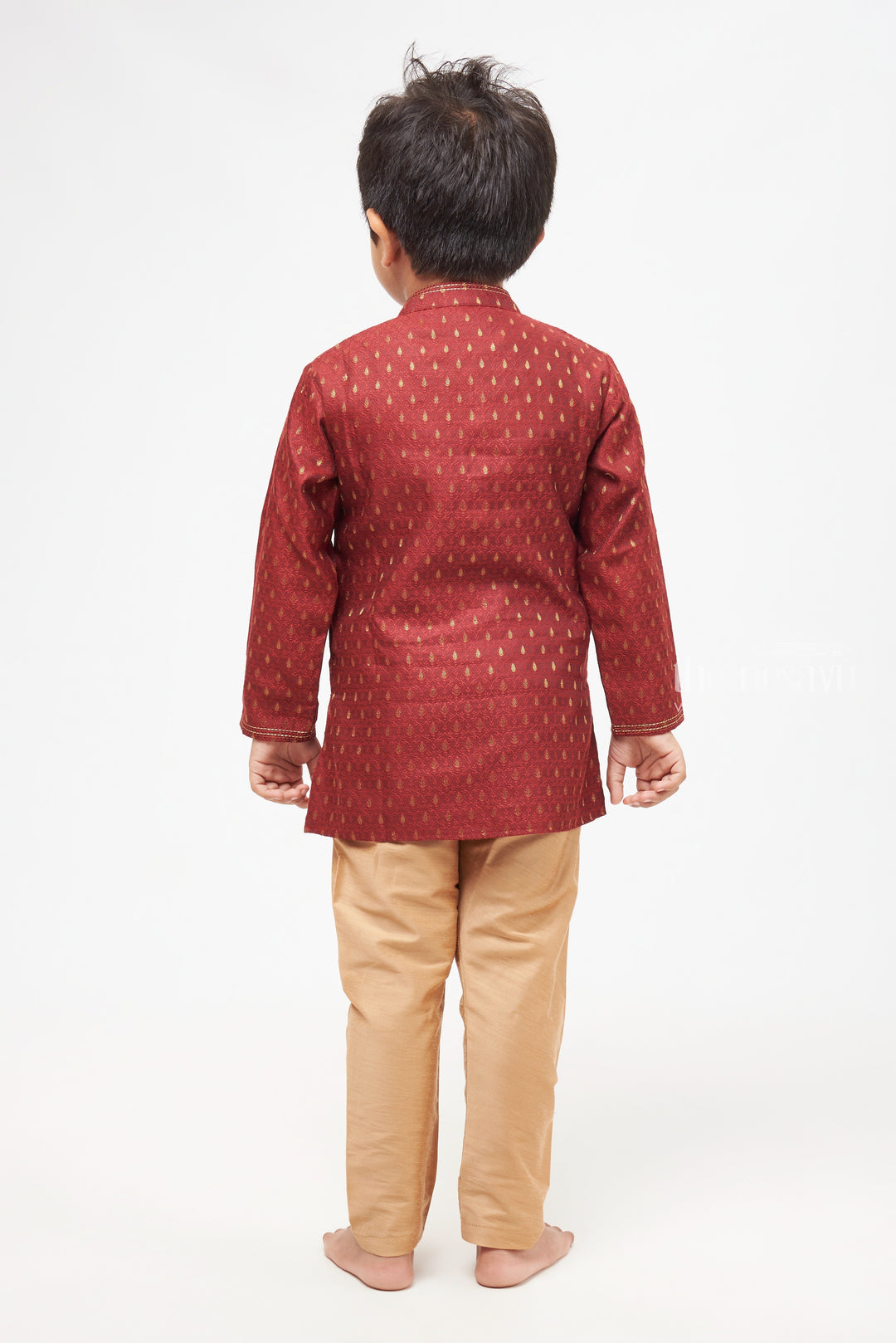 The Nesavu Boys Kurtha Set Boys Elegant Butta Printed Maroon Kurta with Beige Pant Set Nesavu 14 (6M) / Maroon / Silk Blend BES405A-14 Boys Butta Printed Maroon Kurta Set: Mandarin Collared with Beige Pants - Traditional Festive Elegance | The Nesavu