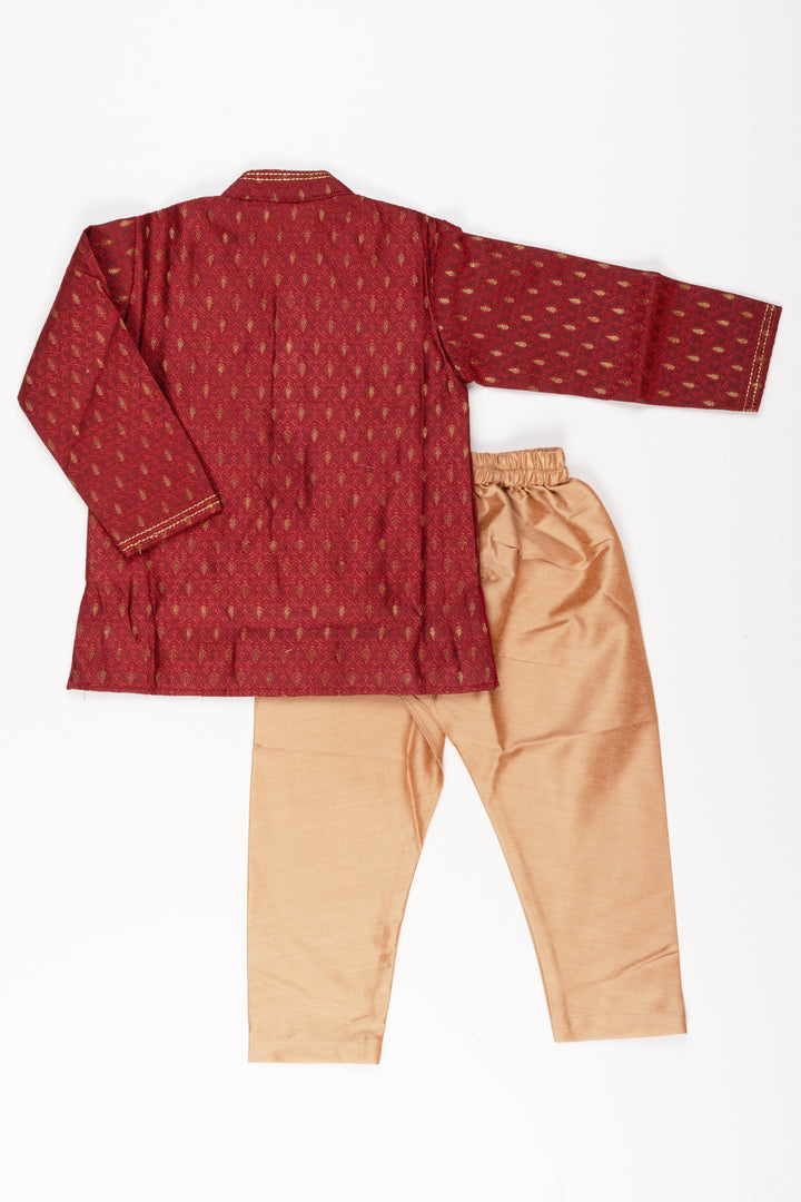 The Nesavu Boys Kurtha Set Boys Elegant Butta Printed Maroon Kurta with Beige Pant Set Nesavu 14 (6M) / Maroon / Silk Blend BES405A-14 Boys Butta Printed Maroon Kurta Set: Mandarin Collared with Beige Pants - Traditional Festive Elegance | The Nesavu