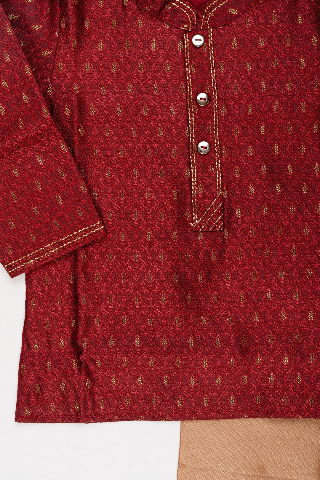 The Nesavu Boys Kurtha Set Boys Elegant Butta Printed Maroon Kurta with Beige Pant Set Nesavu 14 (6M) / Maroon / Silk Blend BES405A-14 Boys Butta Printed Maroon Kurta Set: Mandarin Collared with Beige Pants - Traditional Festive Elegance | The Nesavu