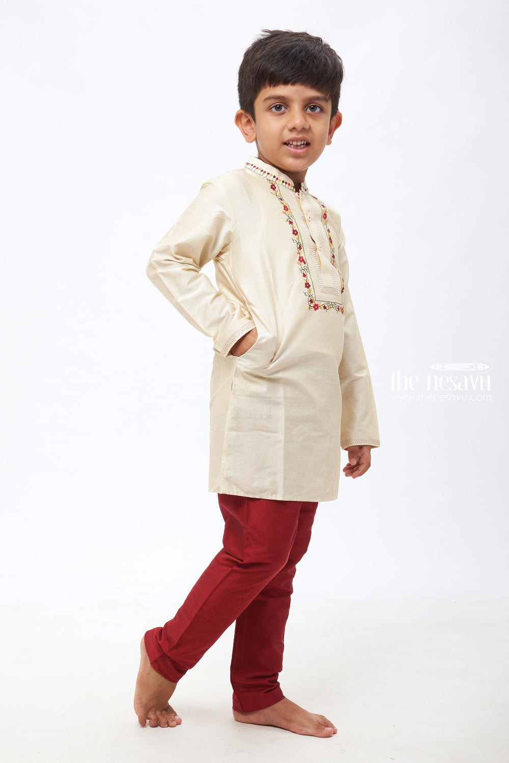 The Nesavu Boys Kurtha Set Boys' Elegant Cream Kurta with Rich Maroon Pants - Classic Ethnic Set Nesavu Boys' Cream and Maroon Ethnic Kurta Set for Special Occasions | The Nesavu