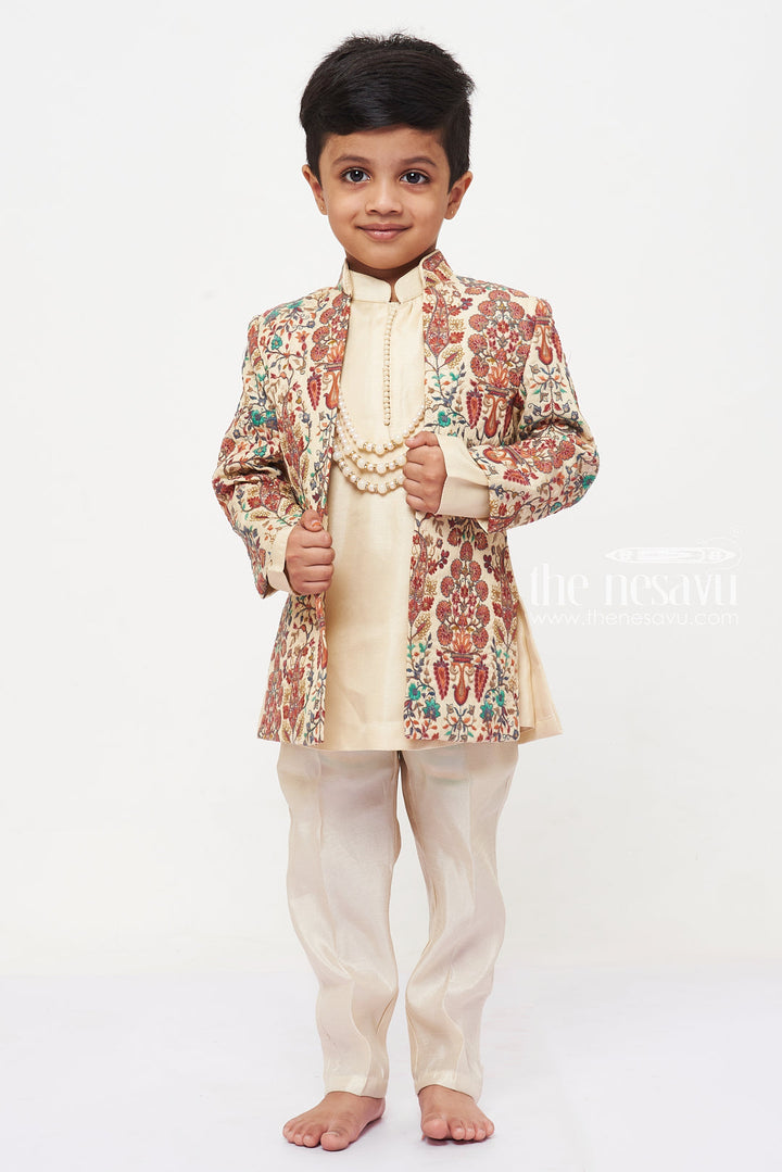 The Nesavu Boys Sherwani Boys Elegant Cream Mugal Design Inspired Embroidered Sherwani Set For Wedding Function Nesavu Buy Boys Floral Sherwani Suit | Traditional Modern Designs | The Nesavu