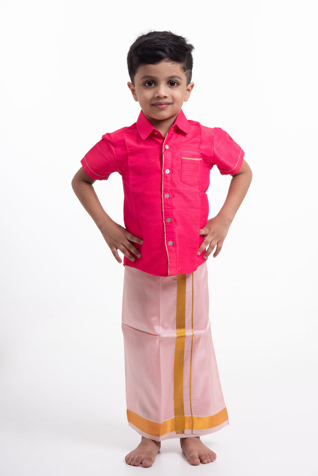 The Nesavu Boys Vesti Boys Elegant Silk Dhoti in Soft Pink with Golden Detailing Nesavu 14 (6M) / Pink / Blend Silk D008F-14 Shop Boys Pink Silk Dhoti with Golden Stripes | Traditional Festive Wear | The Nesavu