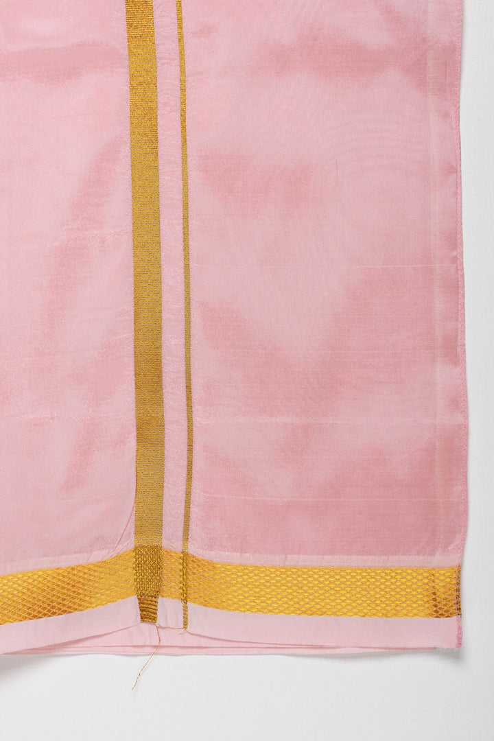 The Nesavu Boys Vesti Boys Elegant Silk Dhoti in Soft Pink with Golden Detailing Nesavu Shop Boys Pink Silk Dhoti with Golden Stripes | Traditional Festive Wear | The Nesavu