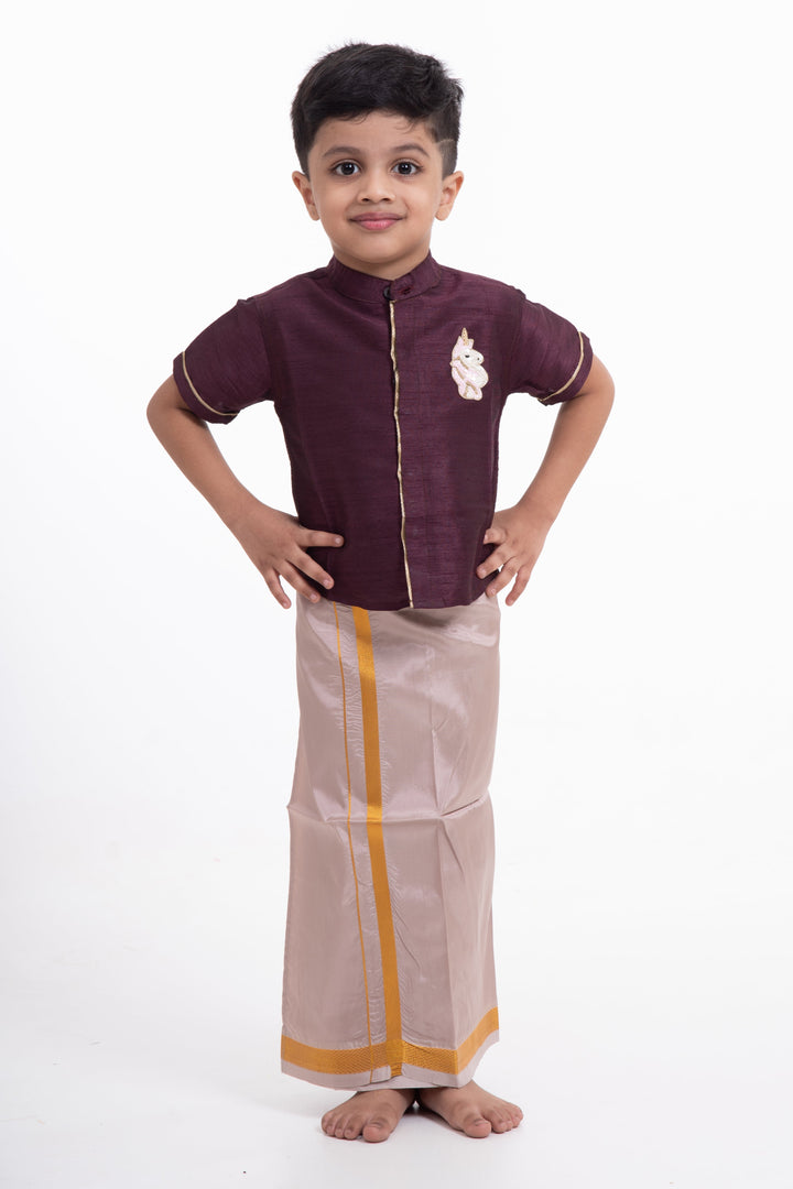 The Nesavu Boys Vesti Boys Elegant Silk Dhoti with Golden Accents Nesavu 14 (6M) / Brown / Blend Silk D008D-14 Shop Boys Grey Silk Dhoti with Golden Stripes | Elegant Traditional Wear | The Nesavu