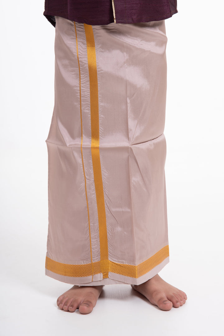 The Nesavu Boys Vesti Boys Elegant Silk Dhoti with Golden Accents Nesavu Shop Boys Grey Silk Dhoti with Golden Stripes | Elegant Traditional Wear | The Nesavu