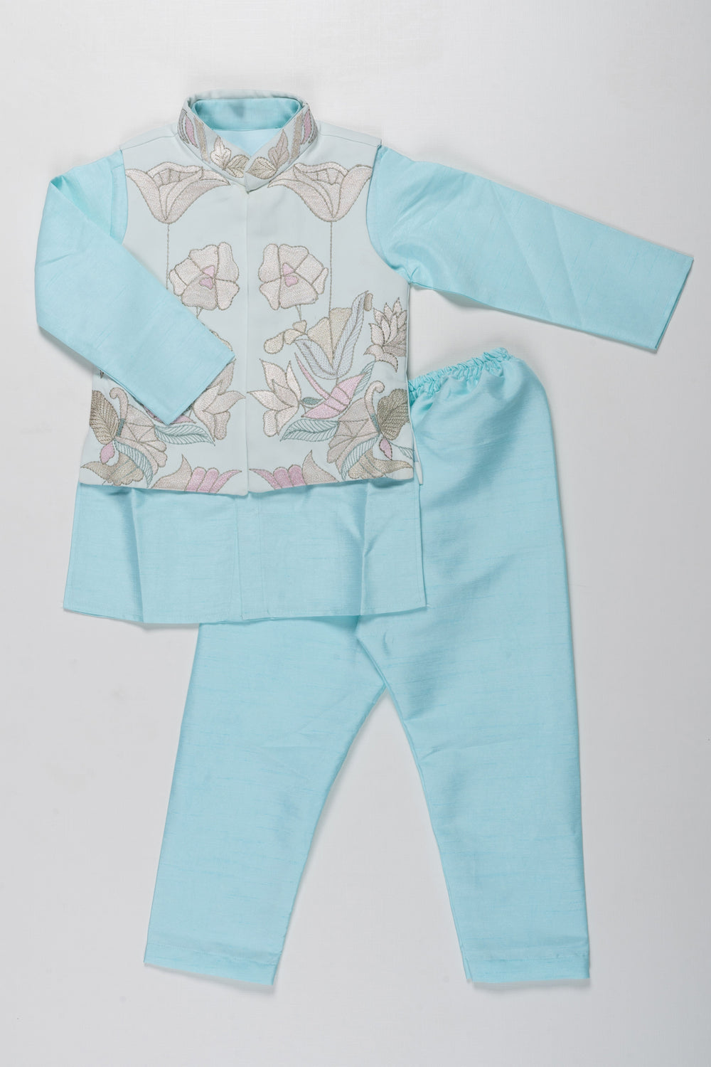 The Nesavu Boys Jacket Sets Boys Embroidered Designer Waistcoat and Kurtha Pant Set - Sky Blue Elegance Nesavu 14 (6M) / Blue / Blend Silk BES540A-14 Boys Sky Blue Waistcoat Pant Set | Embroidered Festive Wear | The Nesavu