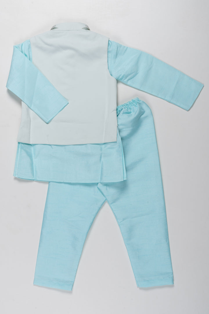 The Nesavu Boys Jacket Sets Boys Embroidered Designer Waistcoat and Kurtha Pant Set - Sky Blue Elegance Nesavu Boys Sky Blue Waistcoat Pant Set | Embroidered Festive Wear | The Nesavu