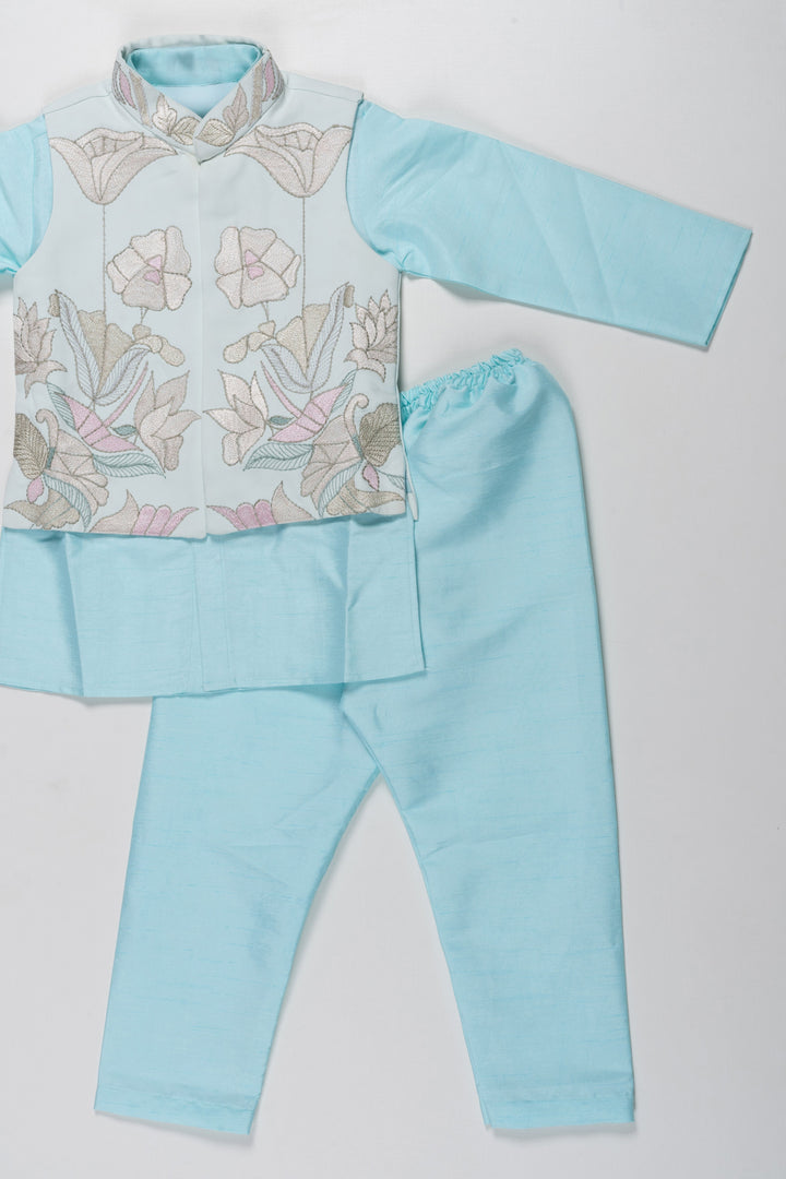 The Nesavu Boys Jacket Sets Boys Embroidered Designer Waistcoat and Kurtha Pant Set - Sky Blue Elegance Nesavu Boys Sky Blue Waistcoat Pant Set | Embroidered Festive Wear | The Nesavu