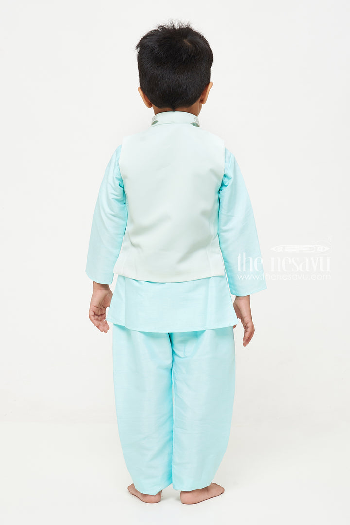 The Nesavu Boys Jacket Sets Boys Embroidered Designer Waistcoat and Kurtha Pant Set - Sky Blue Elegance Nesavu Boys Sky Blue Waistcoat Pant Set | Embroidered Festive Wear | The Nesavu