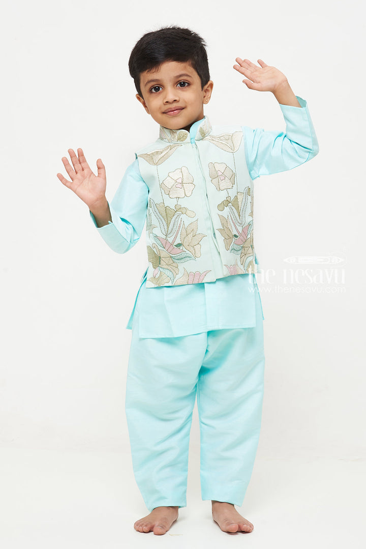 The Nesavu Boys Jacket Sets Boys Embroidered Designer Waistcoat and Kurtha Pant Set - Sky Blue Elegance Nesavu Boys Sky Blue Waistcoat Pant Set | Embroidered Festive Wear | The Nesavu