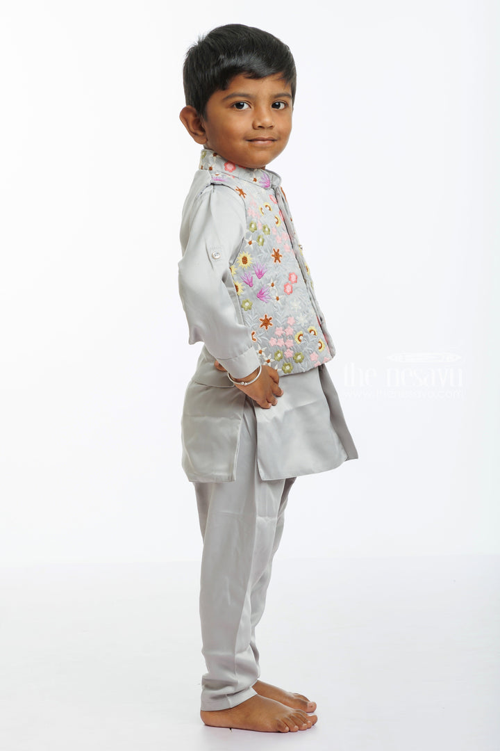 The Nesavu Boys Jacket Sets Boys Embroidered Floral Jacket with Kurta, Pant, and Dhoti Set Nesavu Boys Floral Embroidered Jacket and Kurta Dhoti Set | Traditional Festive Wear | The Nesavu