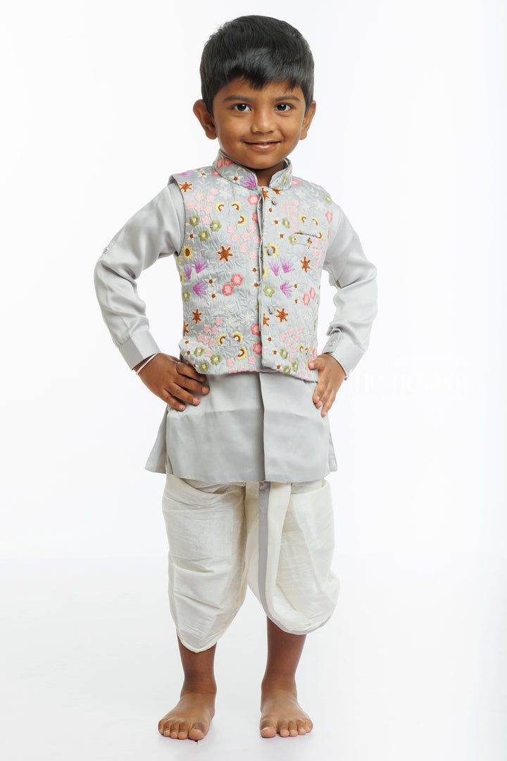 The Nesavu Boys Jacket Sets Boys Embroidered Floral Jacket with Kurta, Pant, and Dhoti Set Nesavu Boys Floral Embroidered Jacket and Kurta Dhoti Set | Traditional Festive Wear | The Nesavu