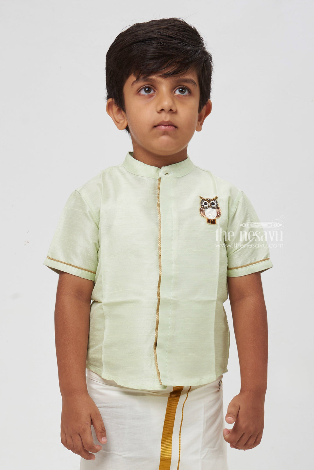 The Nesavu Boys Silk Shirt Boys Enchanted Green Silk Shirt: Adorned with Nature's Guardian Nesavu Boys Mystic Green Silk Shirt with Owl Emblem: Embrace Nature's Elegance | The Nesavu