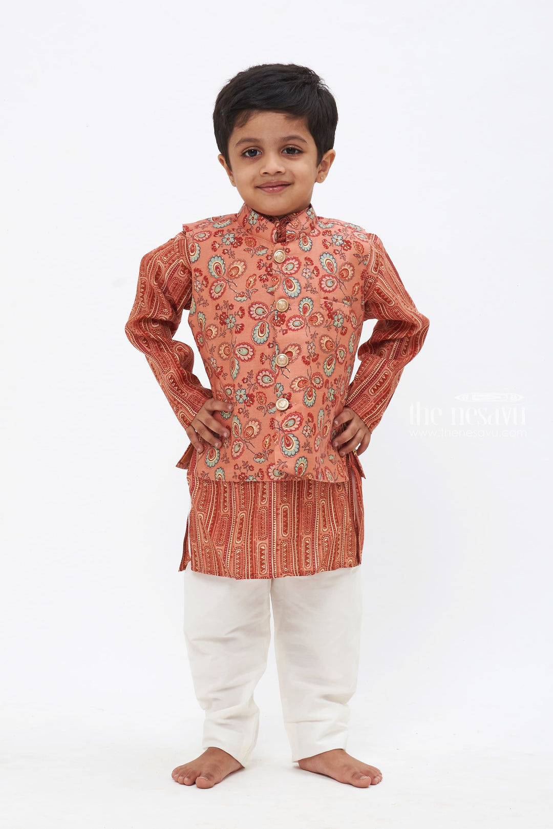 The Nesavu Boys Jacket Sets Boys Ethnic Floral Brown Kurta with Overcoat & White Pant Set Nesavu Boys Traditional Brown Ensemble | Intricate Kurta with Patterned Overcoat & White Pant | The Nesavu