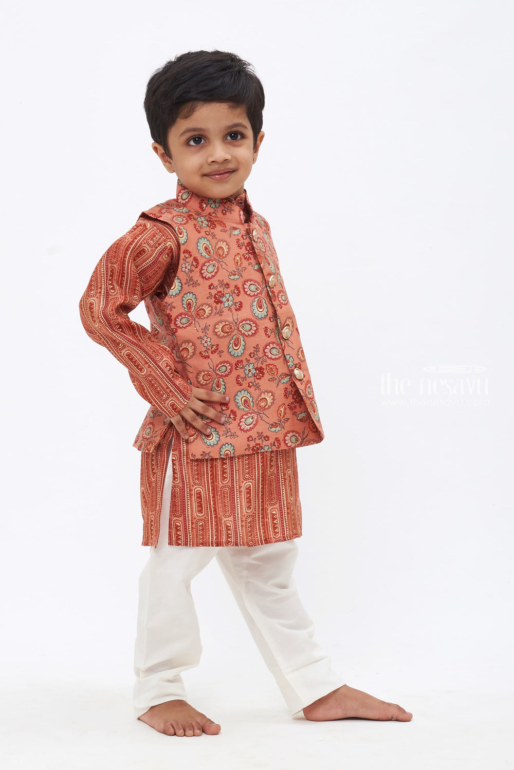 The Nesavu Boys Jacket Sets Boys Ethnic Floral Brown Kurta with Overcoat & White Pant Set Nesavu Boys Traditional Brown Ensemble | Intricate Kurta with Patterned Overcoat & White Pant | The Nesavu