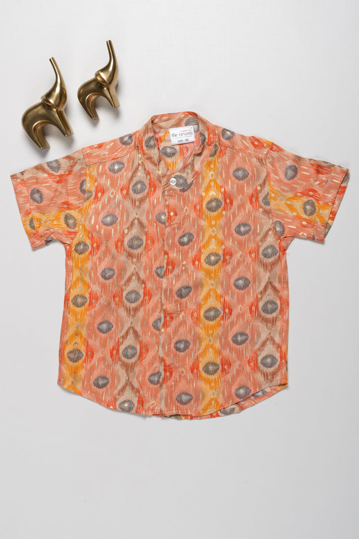 The Nesavu Boys Cotton Shirt Boys Ethnic Orange Ikat Print Rayon Shirt – Colorful Festive Wear Nesavu 16 (1Y) / Orange / Rayon BS154C-16 Boys Ethnic Ikat Print Rayon Shirt | Colorful Festive Wear | The Nesavu