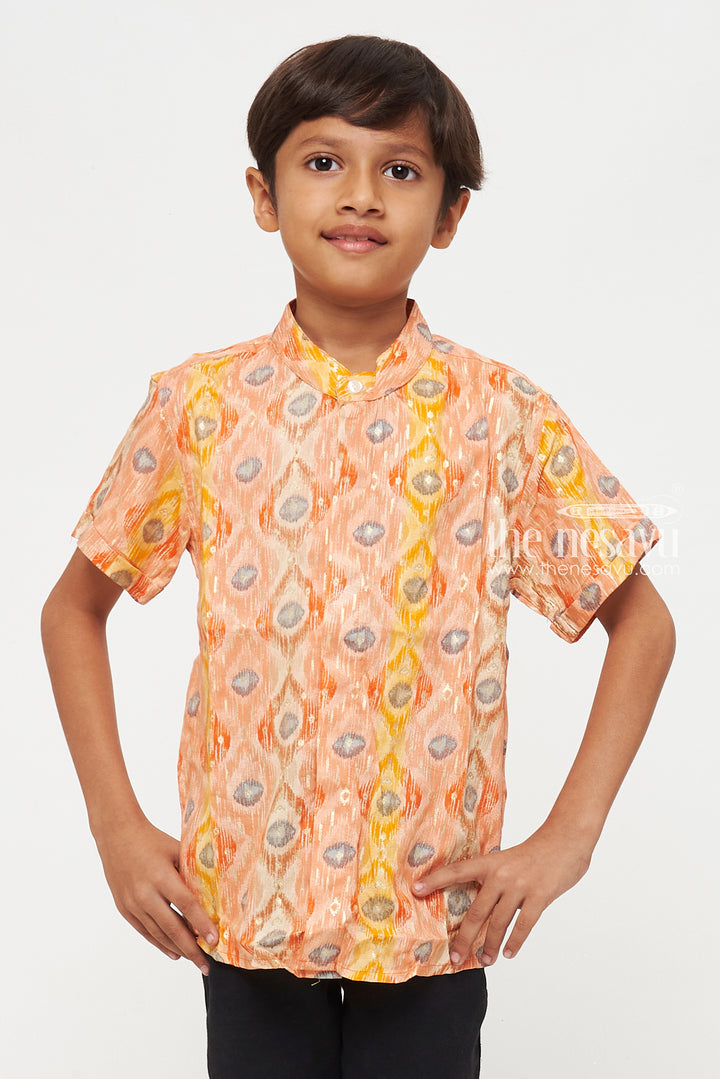 The Nesavu Boys Cotton Shirt Boys Ethnic Orange Ikat Print Rayon Shirt – Colorful Festive Wear Nesavu Boys Ethnic Ikat Print Rayon Shirt | Colorful Festive Wear | The Nesavu