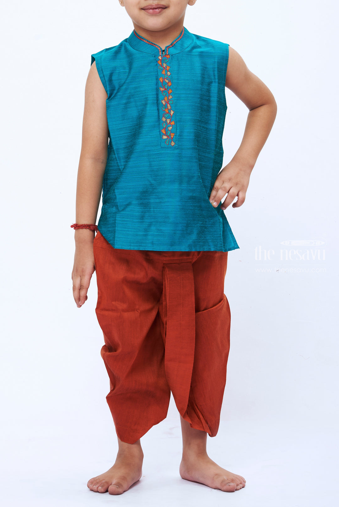 The Nesavu Boys Dothi Set Boys Festive Green Sleeveless Kurta with Dhoti Ensemble Nesavu Boys Green Sleeveless Kurta Dhoti Set | Traditional Festive Children s Wear